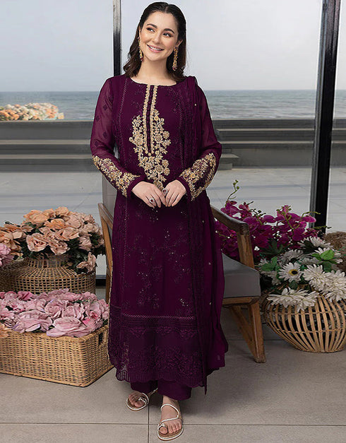 Designer Party Wear Georgette Salwar Suit Collection Purple Georgette Pant Straight Front View